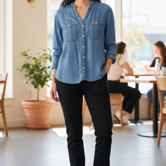 Zara Tops - Zara Womens Chambray Button-Front Shirt M Blue Long Sleeve Casual